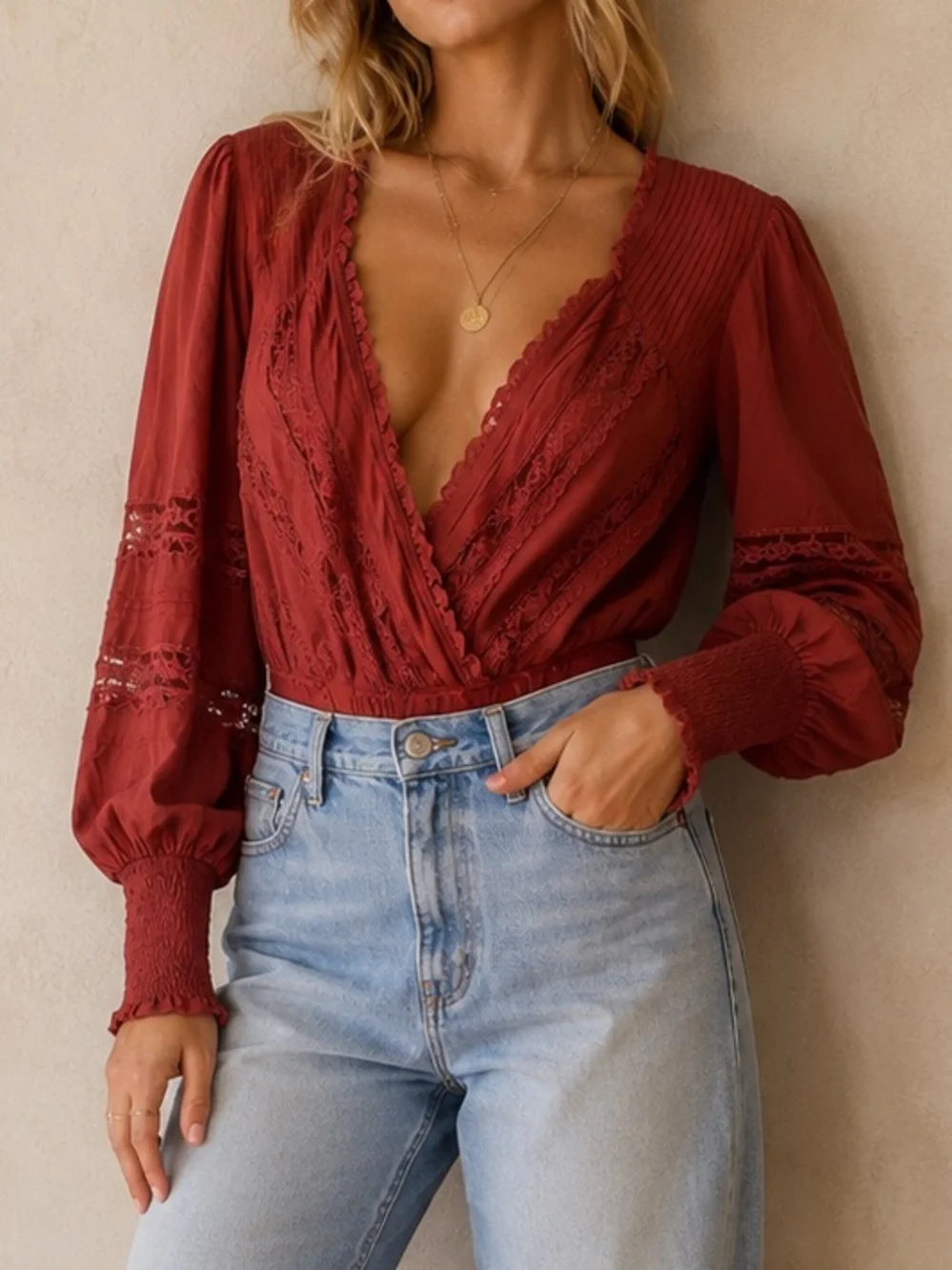 Free People Deep Red Lace Trim Long Sleeve Bodysuit